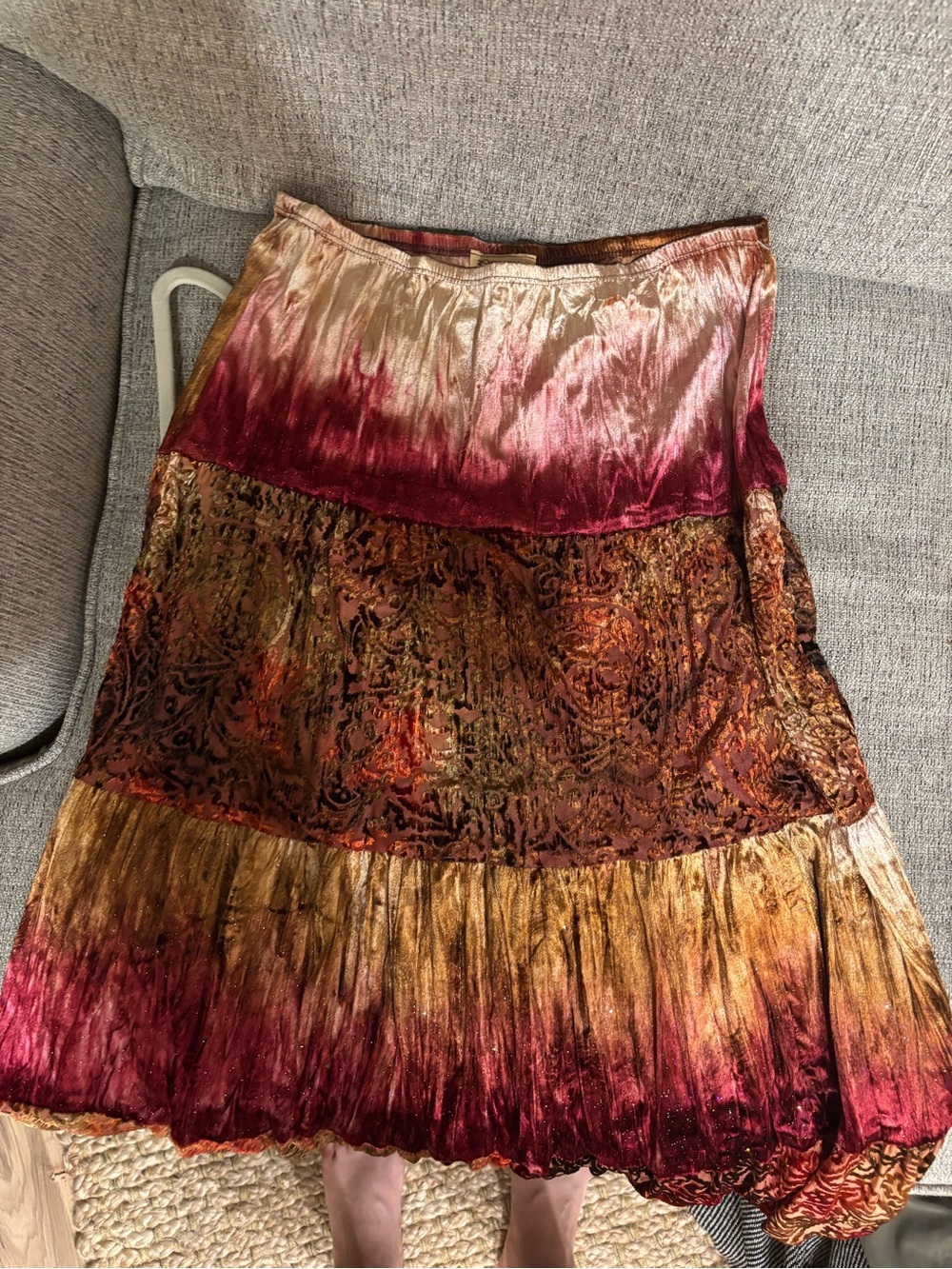 Zoompy Ombre Velvet-Tiered Maxi Skirt in Burgundy, Gold, Rust